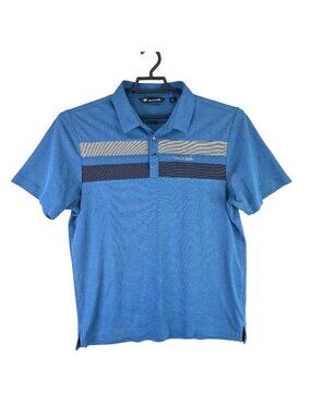 Mens Travis Mathew Blue & Gray Striped Golf Polo Shirt Short Sleeve Size L